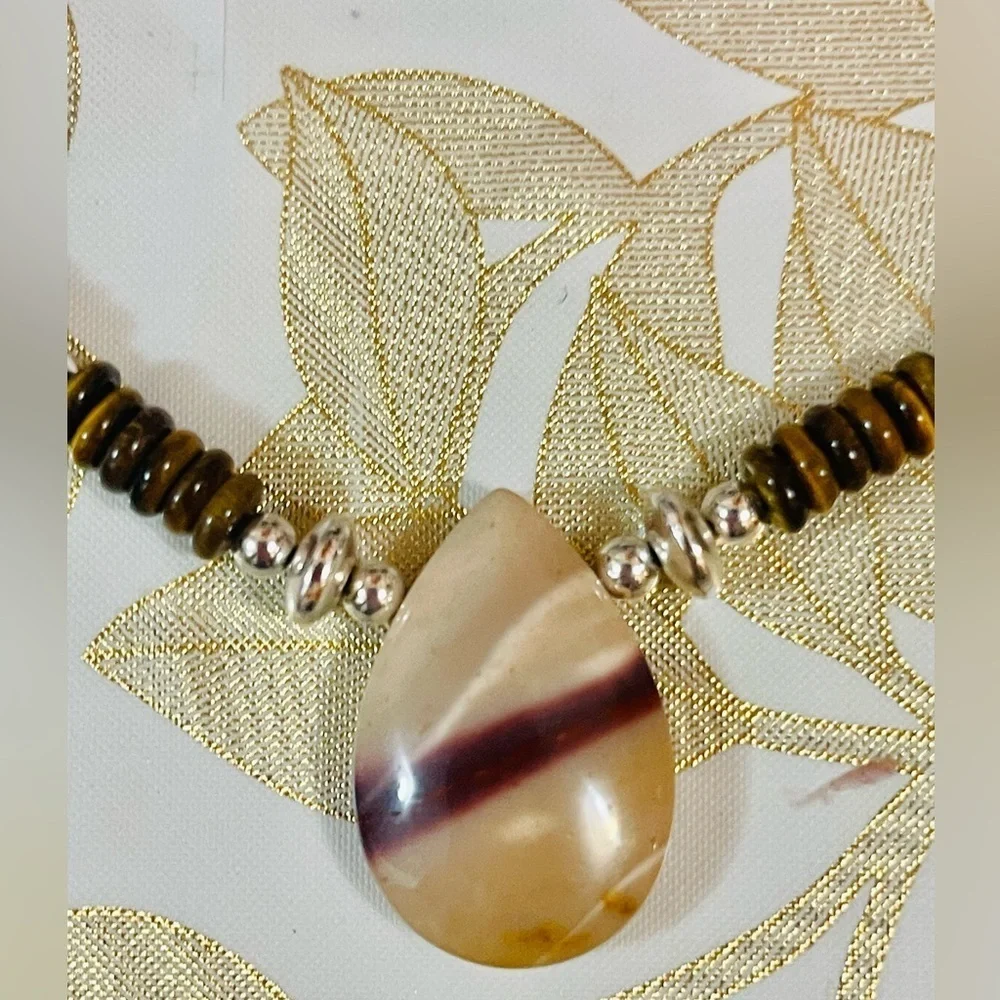 Vtg Southwest Hematite Pearl Bench Beads Tiger Eyes   Pendant Necklace 21”